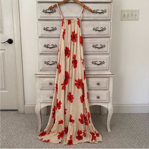 Red Floral Gauze Maxi Dress - Picture 1 of 3